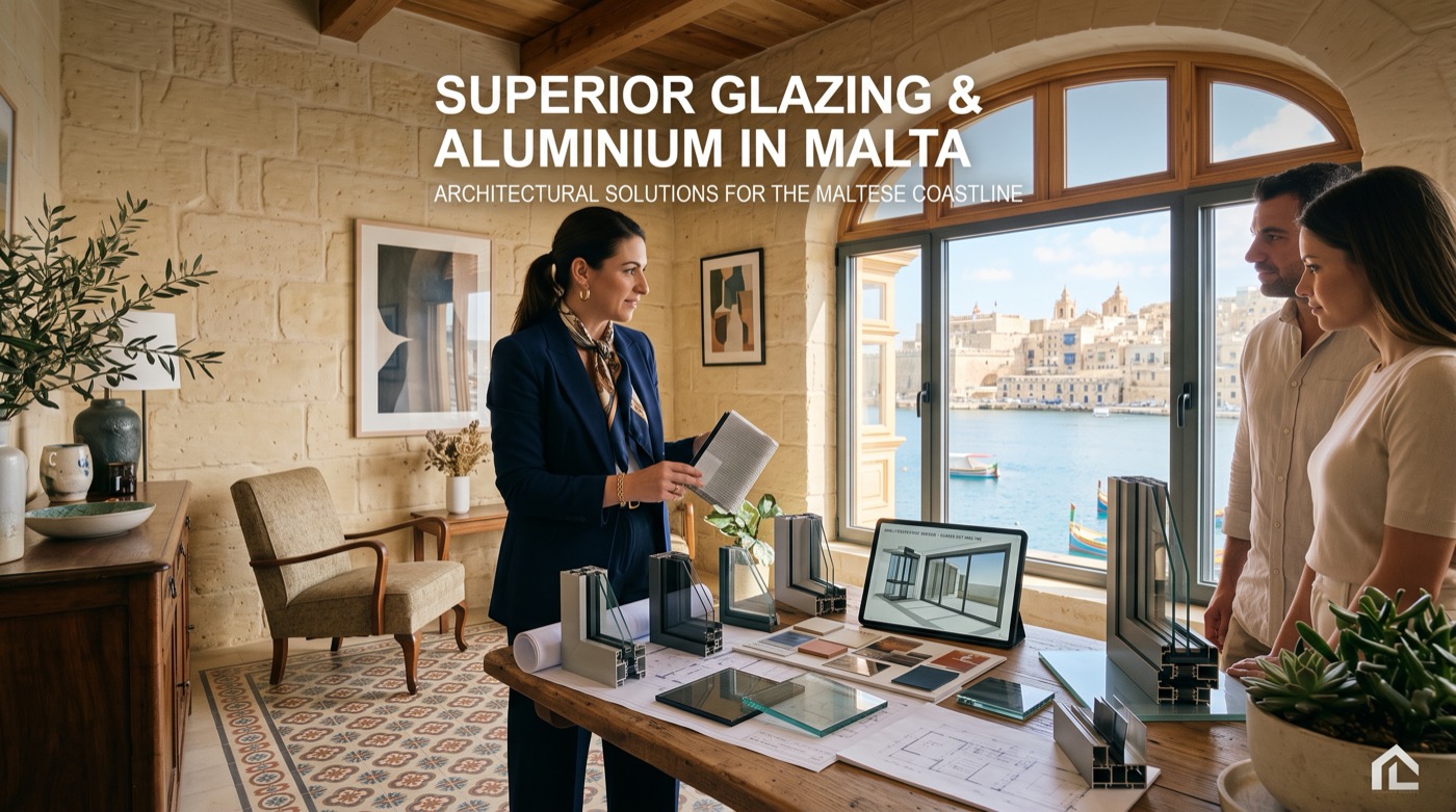 Aluminium profile and glazing samples on a showroom table in front of a full-height glazed wall over Valletta
