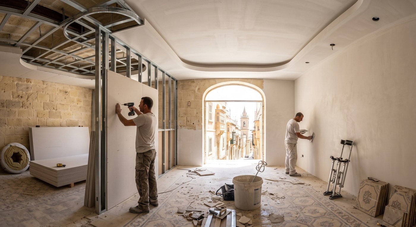 Plasterers fixing plasterboard to a metal stud partition and skimming a wall, with a dropped ceiling and lighting cove half-formed overhead