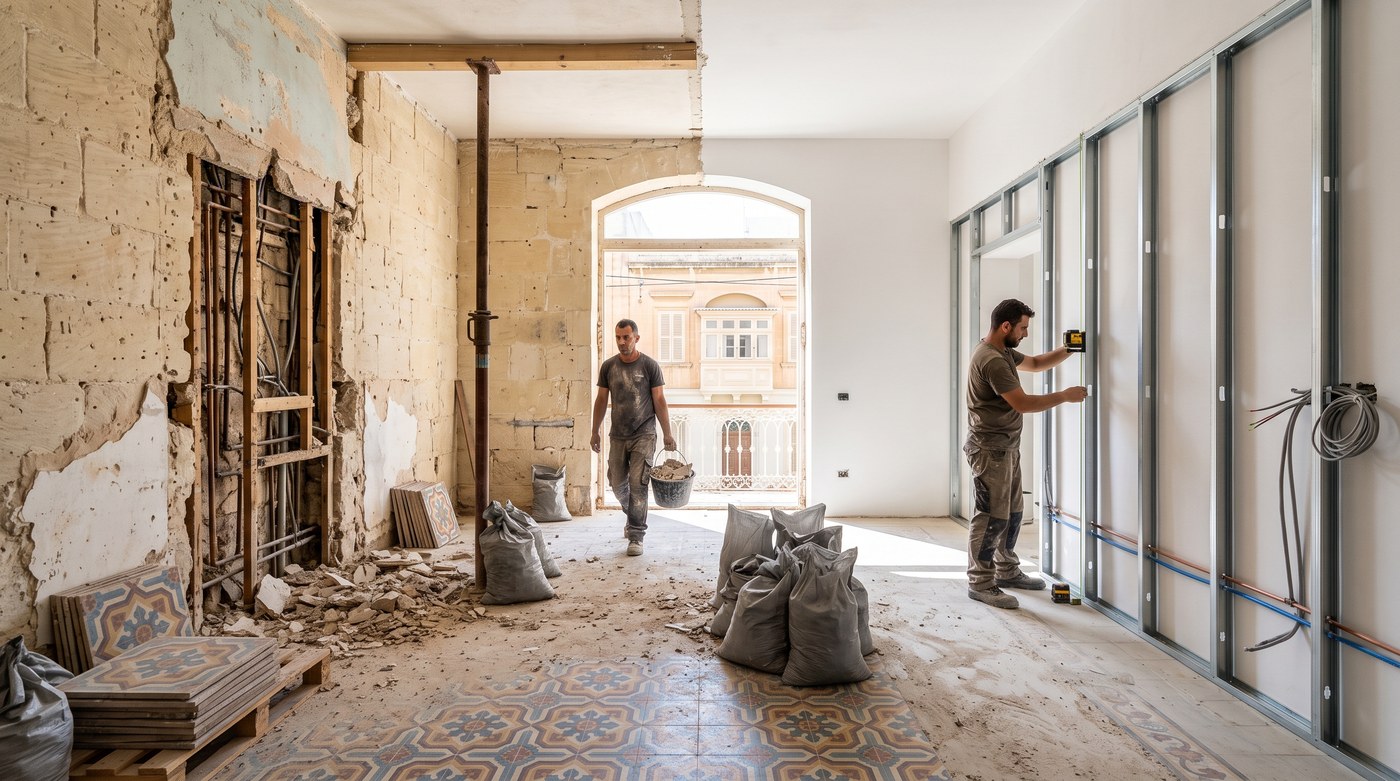A Maltese townhouse mid-renovation, one side stripped back to bare limestone with services exposed and the other replastered with a new stud line, original patterned floor tiles stacked for reuse